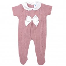 MC767-Dusky Pink: Baby Short Sleeve Knitted All In One With Bow (0-9 Months)